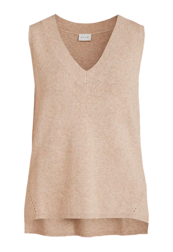 Vila - Väst viRil Knit rib V-neck S/L Vest - Beige