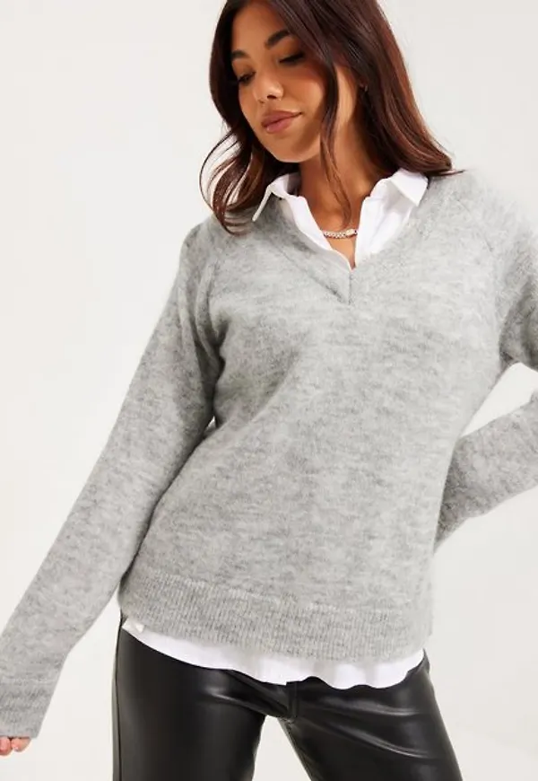 Selected Femme Slflulu Ls Knit V-Neck B Noos Stickade tröjor Light Grey Melange