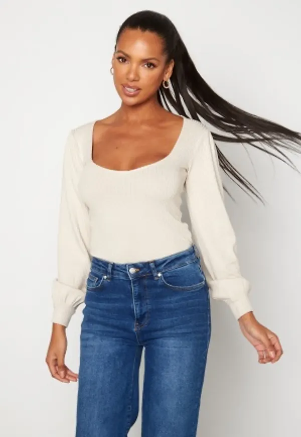 BUBBLEROOM Minnie fine knitted puff sleeve top Light beige L