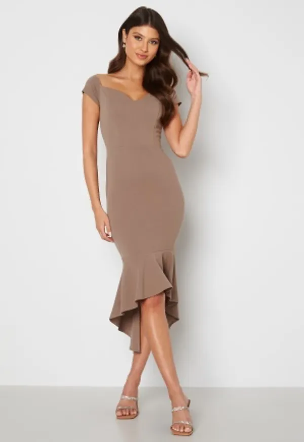John Zack Off Shoulder Frill High Low Dress Mocha L (UK14)