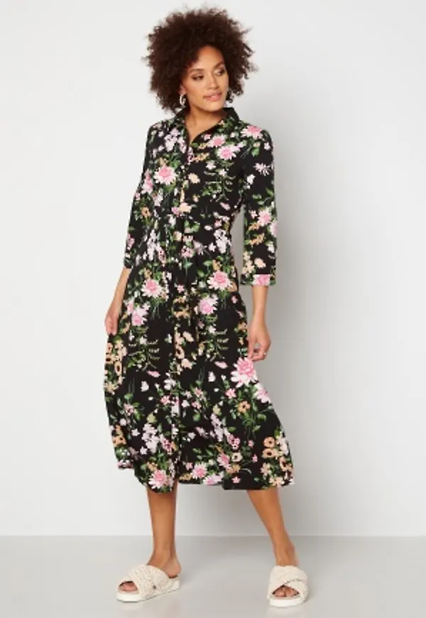 Pieces April 3/4 Ankle Dress Black AOP Flower XS