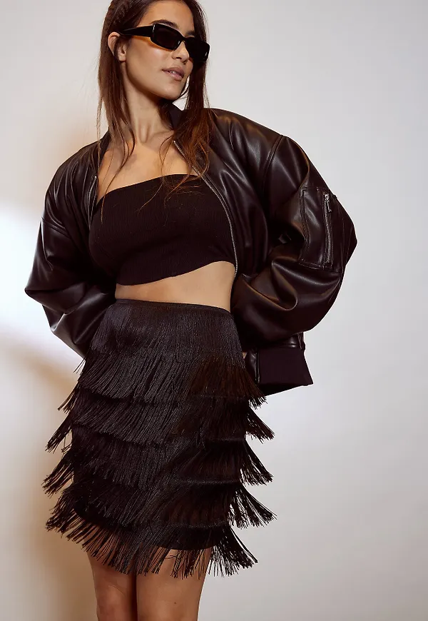 NA-KD Party Minikjol med fransar - Black