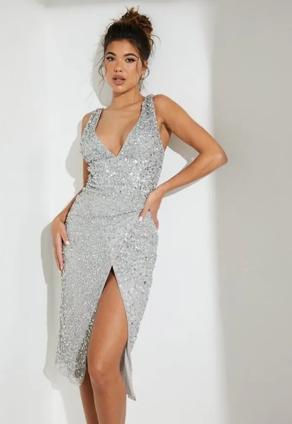 Maya Deluxe All Over Sequin Midi Festklänningar Silver
