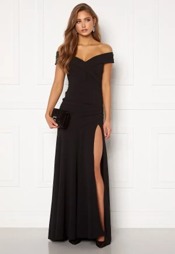 Goddiva Bardot Pleat Maxi Split Dress Black L (UK14)