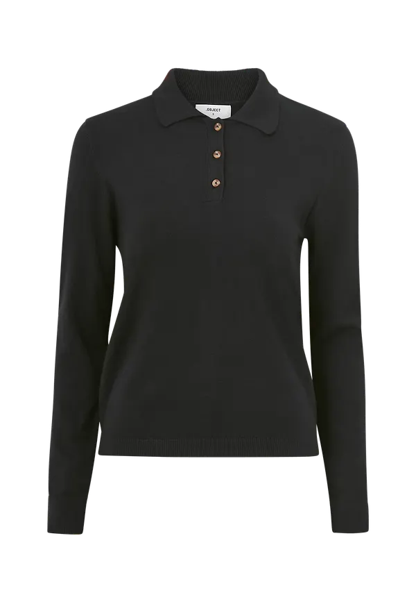 Object - Tröja objThess L/S Polo Shirt - Svart