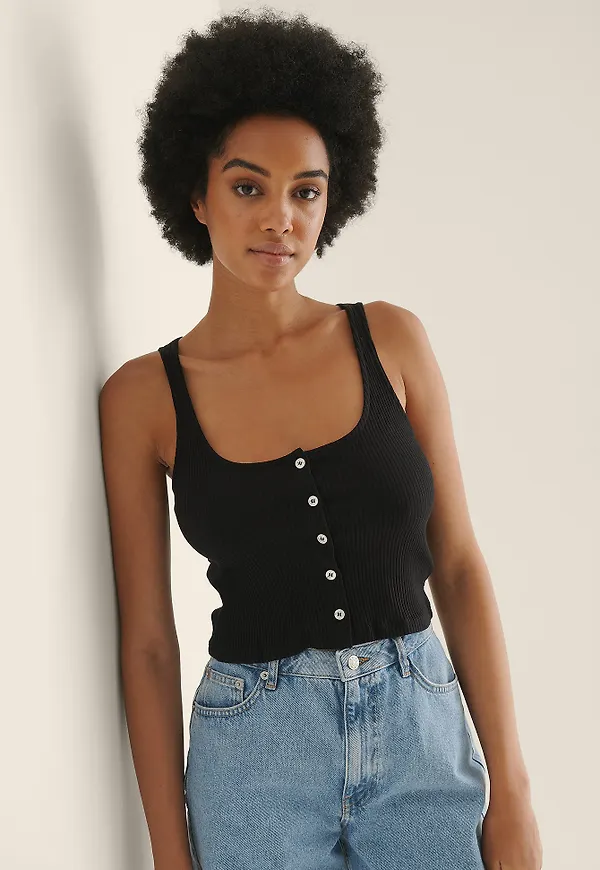 NA-KD Ribbed Cropped Button Top - Black