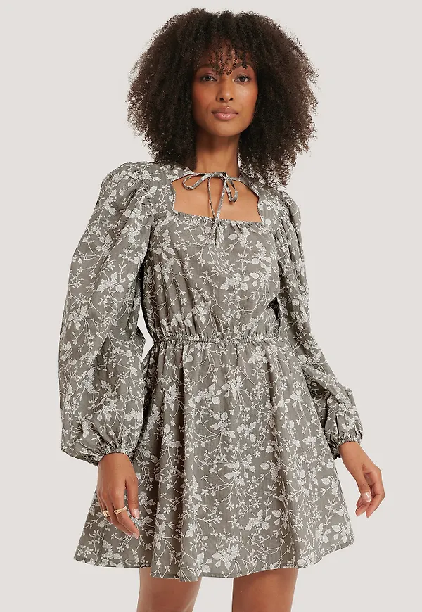 NA-KD Boho Scalloped Neckline Mini Dress - Grey