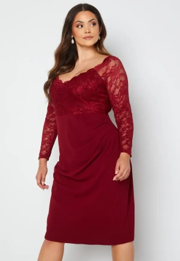 Goddiva Curve Long Sleeve Lace Trim Midi Dress Wine 48 (UK20)