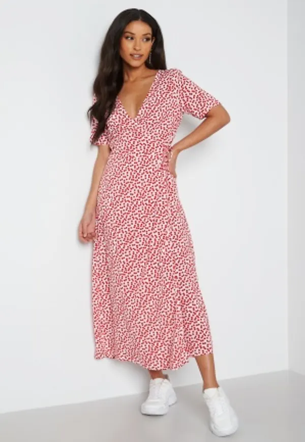 Object Collectors Item Elise S/S Long Wrap Dress Cloud Dancer AOP Red 36