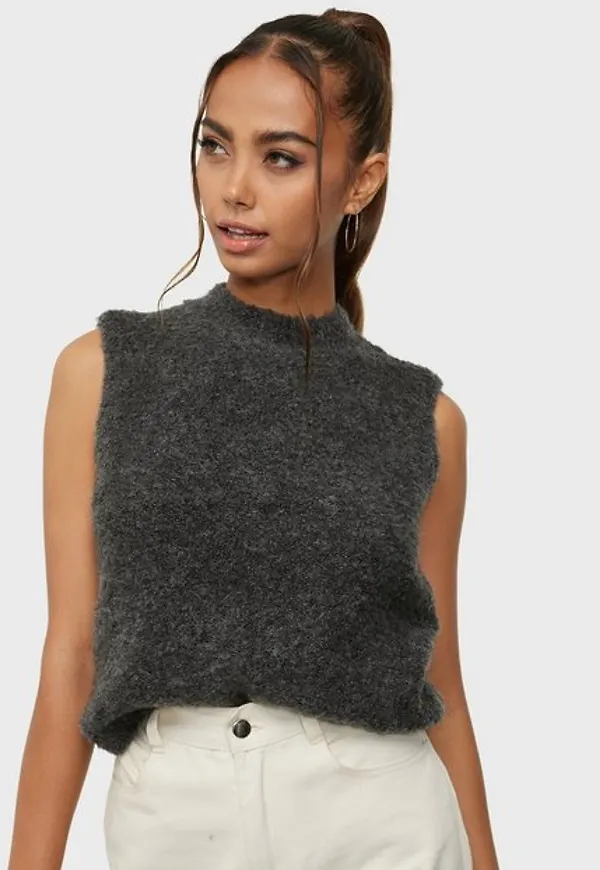 Pieces Pcfree O-Neck Knit Vest Bc Stickade västar Dark Grey Melange