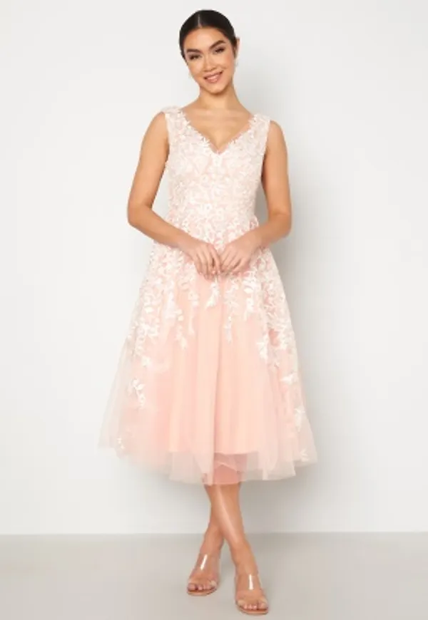 Goddiva Bardot Embroidered Midi Dress Nude S (UK10)