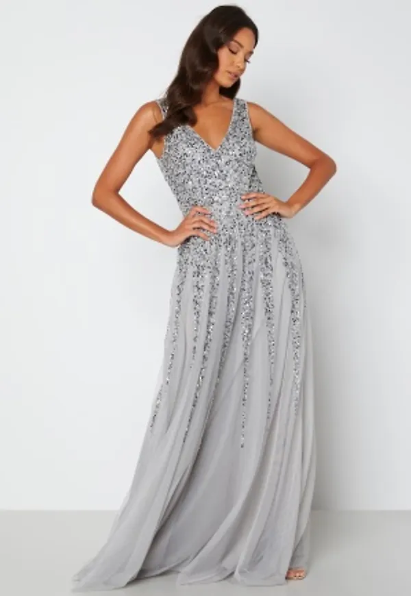 Goddiva Sunray Sequin Maxi Dress silver XS (UK8)