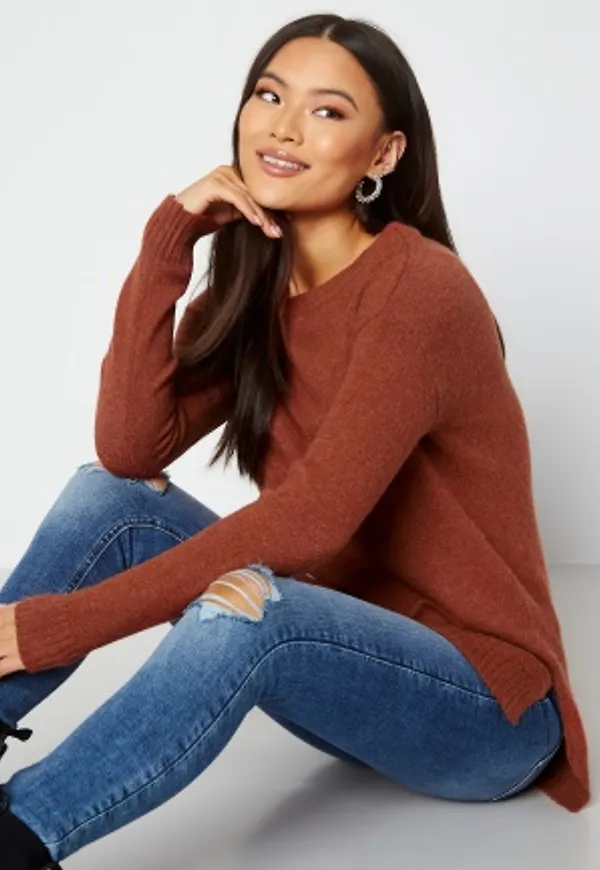 VILA Ril High Low L/S Knit Top Burnt Henna XS