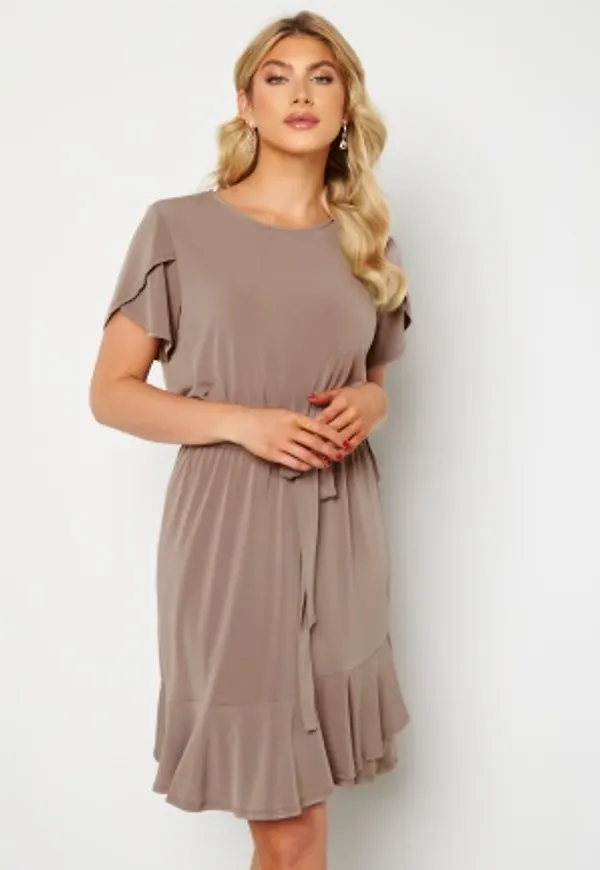 John Zack Tulip Sleeve Belted Dress Mink M (UK12)