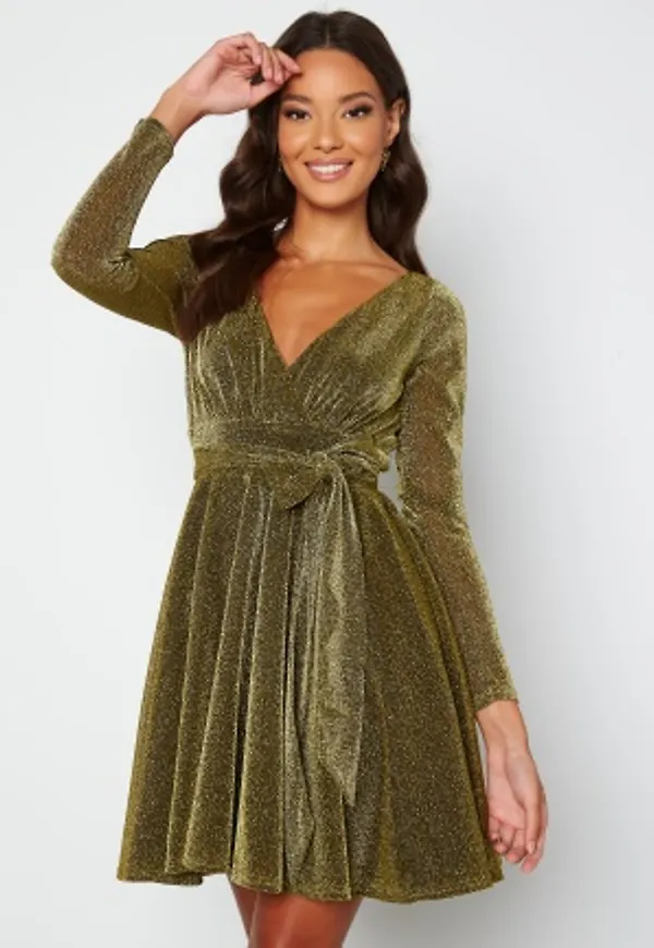 Goddiva Long Sleeve Glitter Skater Dress Gold XS (UK8)