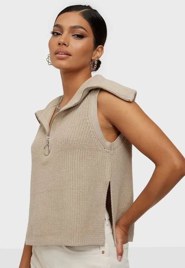 Vero Moda Vmmyrna Sl Cropped Highneck Zip Ve Stickade västar Birch W. Melange