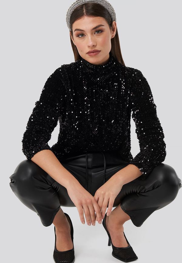 NA-KD Party Turtle Neck Sequine LS Top - Black