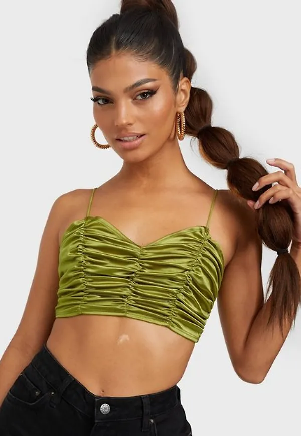 NLY One Ruched Satin Crop Top Toppar Oliv grön