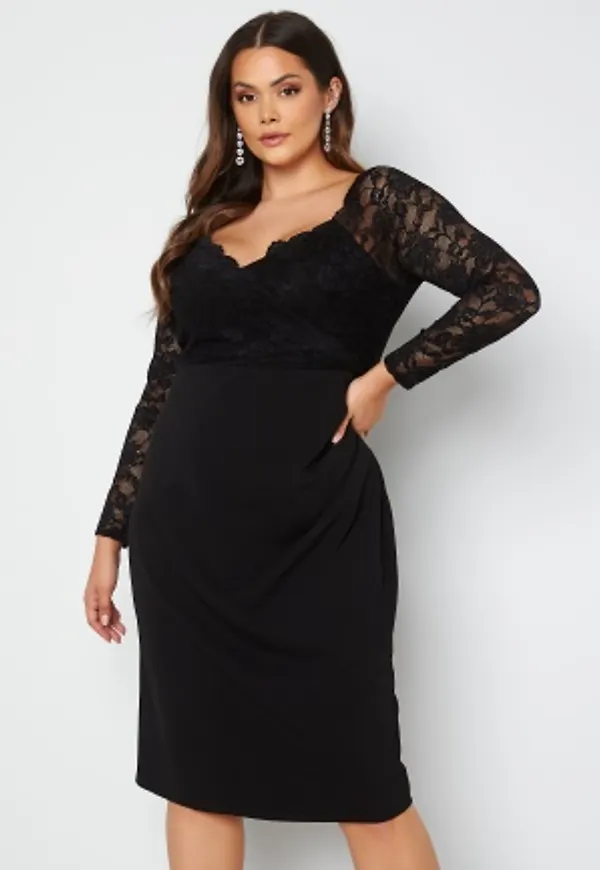 Goddiva Curve Long Sleeve Lace Trim Midi Dress Black 50 (UK22)