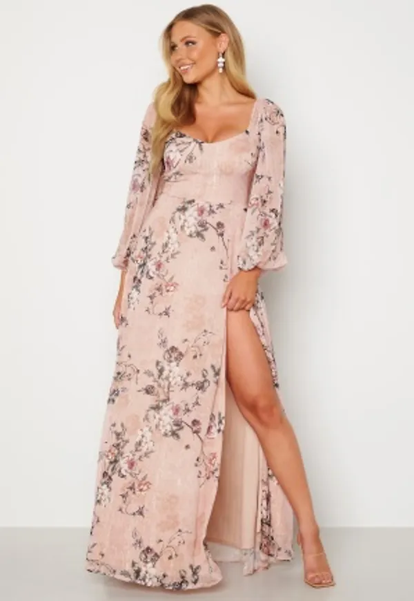 Goddiva Floral Long Sleeve Maxi Dress Blush M (UK12)