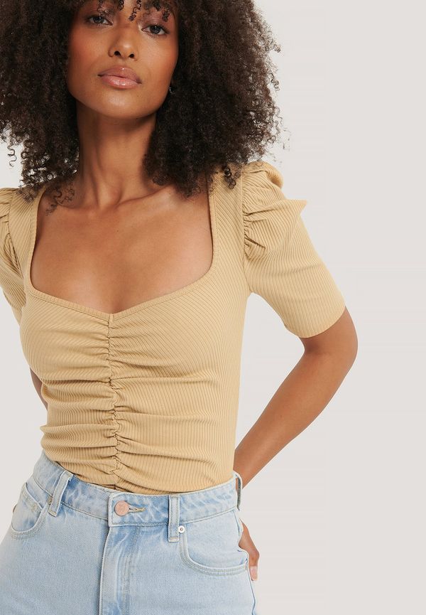 NA-KD Puff Sleeve Ruched Top - Beige