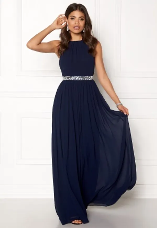 Goddiva Halterneck Chiffon Maxi Dress Navy M (UK12)