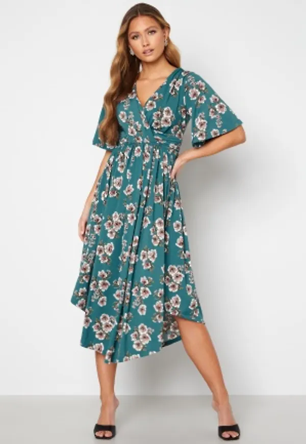 Bubbleroom Occasion Valeria Butterfly Sleeve Dress Petrol / Patterned M