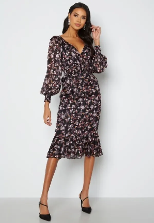 Goddiva Floral Fishtail Midi Dress Navy L (UK14)