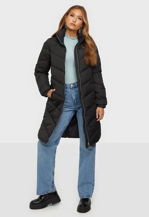 Jacqueline de Yong Jdynewfinno Long Padded Jacket Otw Dunjackor Black Silver Zip