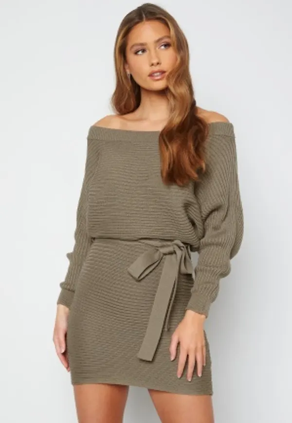 BUBBLEROOM Imani knitted off shoulder dress Olive green L