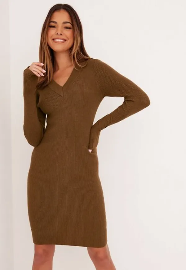 Object Collectors Item Objfae Thess L/S Rib Knit Dress Noo Stickade klänningar Sepia Melange