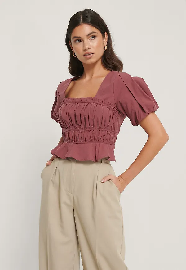 NA-KD Trend Kortärmad, Rynkad Blus - Burgundy