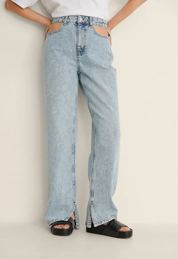 NA-KD Trend Jeans Med Sidoslits Och Utskurna Partier - Blue