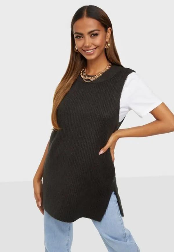 Vero Moda Vmfilene Sl Long O-Neck Vest Stickade västar Dark Grey Melange