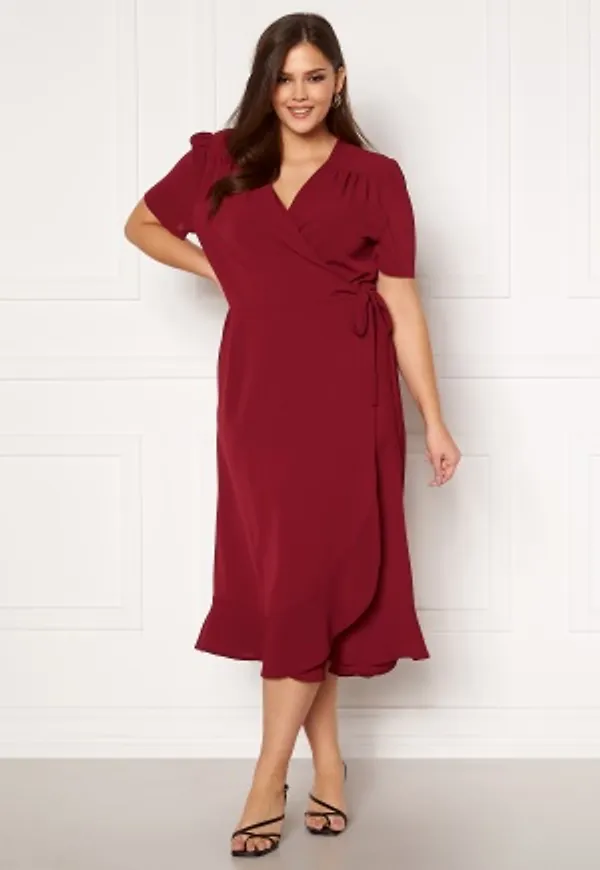 John Zack Curve Short Sleeve Wrap Frill Curve Dress Wine 48 (UK20)