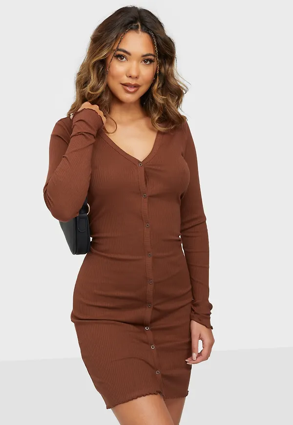 Noisy May - Långärmade klänningar - Brunette - Nmdrakey L/S Babylock Short Dress - Klänningar - Long dresses
