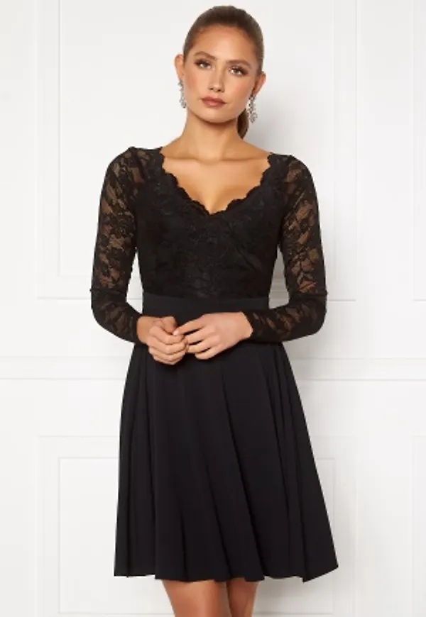 Goddiva Long Sleeve Lace Skater Dress Black S (UK10)