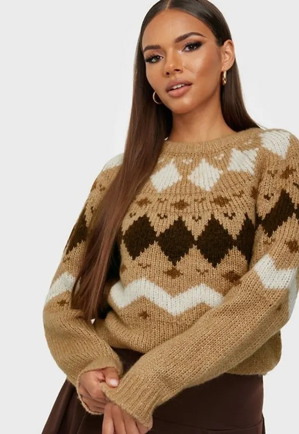 Vero Moda Vmfilippa O-Neck Nordic Blouse Ga B Stickade tröjor Tan W. Birch + Emperador + Tobacco Brow