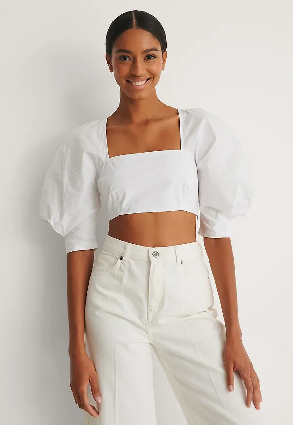 NA-KD Boho Croppad Blus Med Fyrkantig Halsringning - White