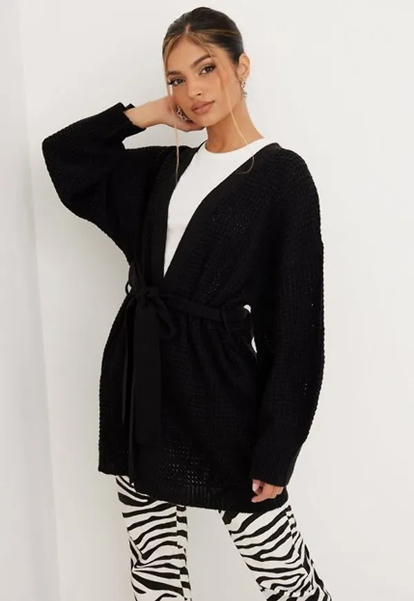 Missguided Recycled Waffle Stitch Belted Balloon Sleeve Cardi Cardigans Black