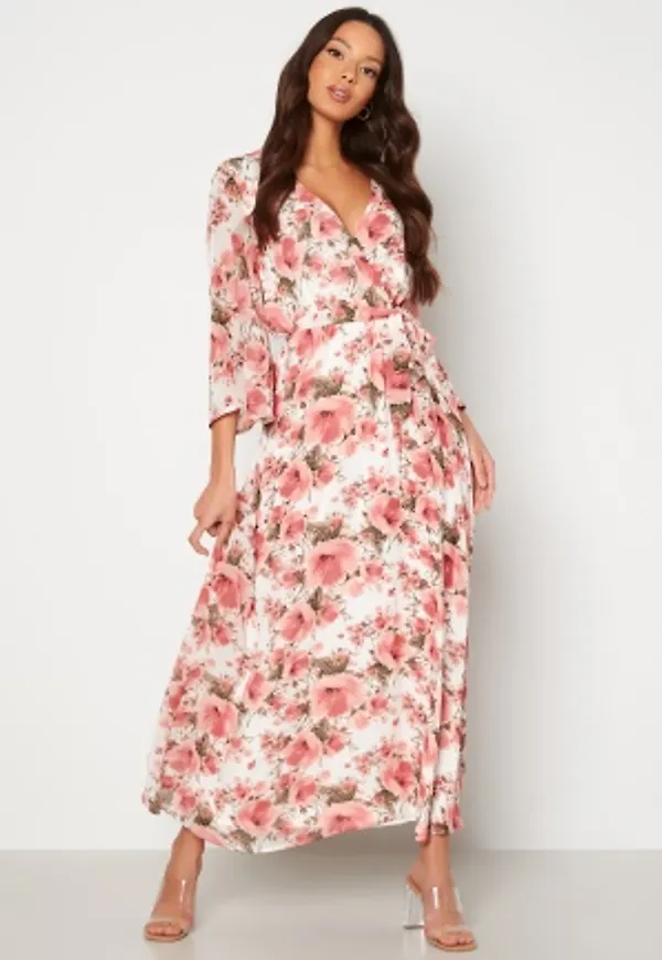 VILA Clarette V-Neck 3/4 Ankle Dress Cloud Dancer AOP:FL 42