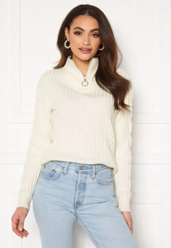 VILA Ril Knit Funnel Zip Neck L/S Top White Alyssum L