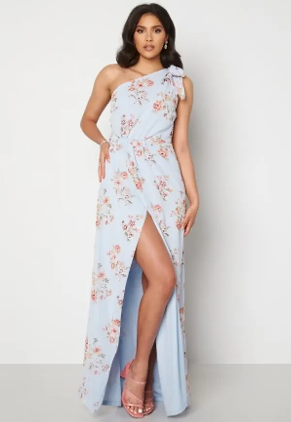 BUBBLEROOM Cyrene one shoulder chiffon gown Light blue / Floral 38