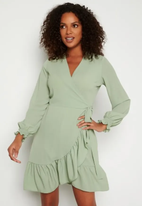 John Zack Frilly Wrap Mini Dress Sage Green S (UK10)