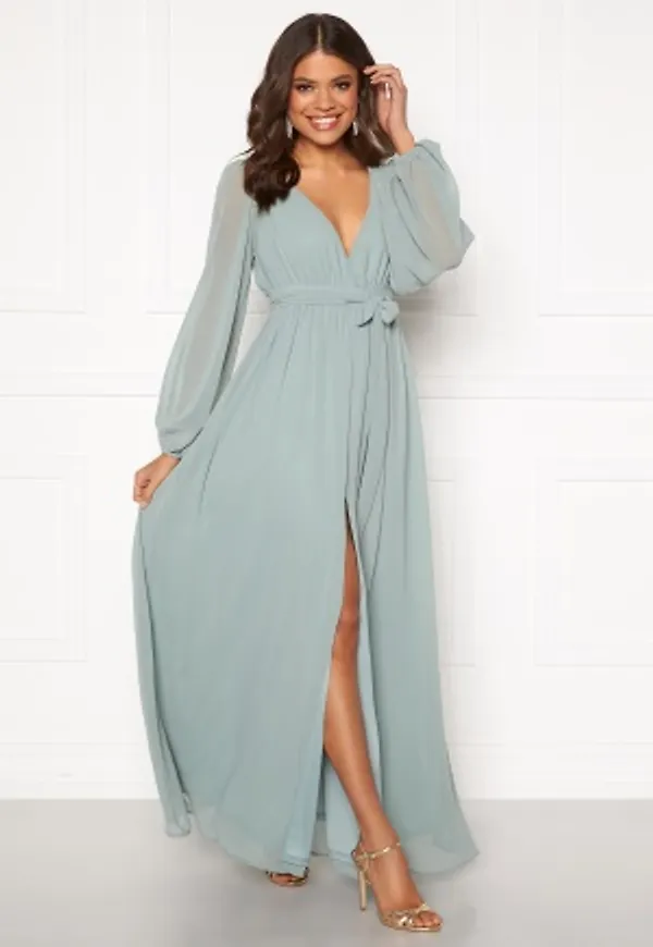 Goddiva Long Sleeve Chiffon Dress Sage Green XXS (UK6)