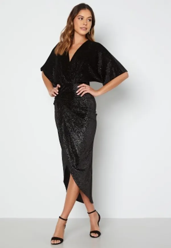 John Zack Velvet Kimono Sleeve Rouch Dress Black M (UK12)