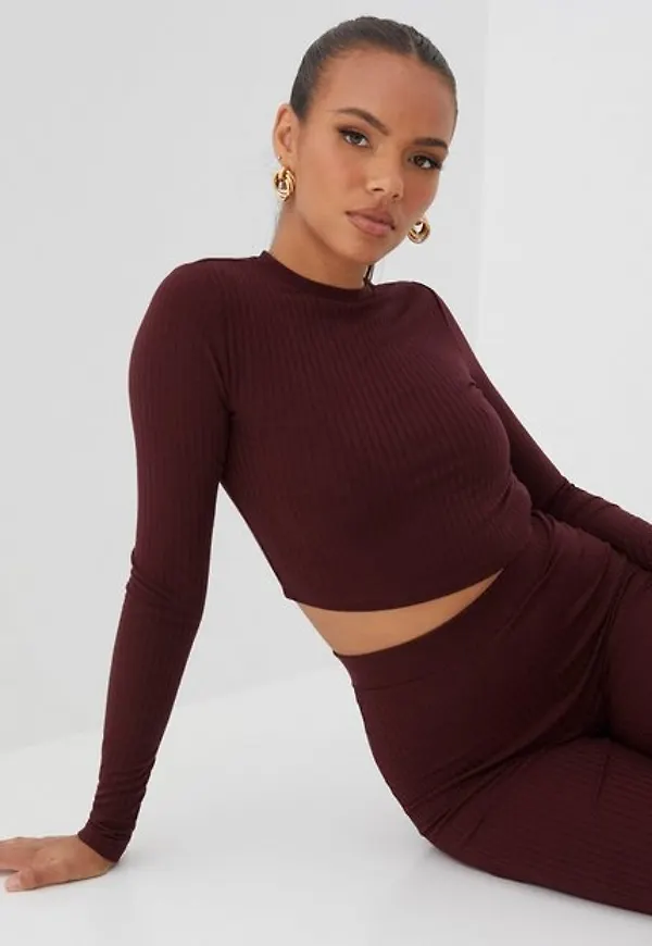 NLY Trend Cropped Rib LS Set Jumpsuits Burgundy
