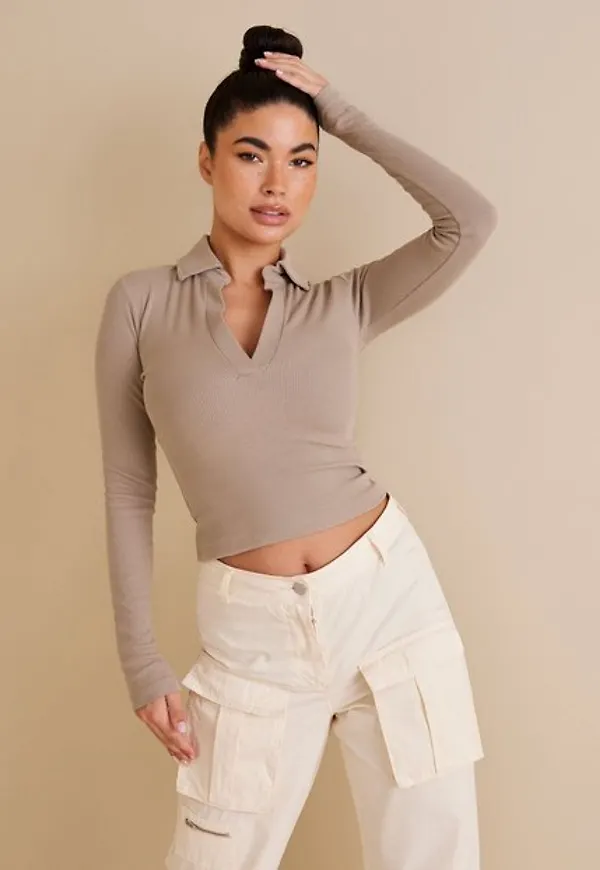 NLY Trend Amazing Collar Top Långärmade toppar Greige