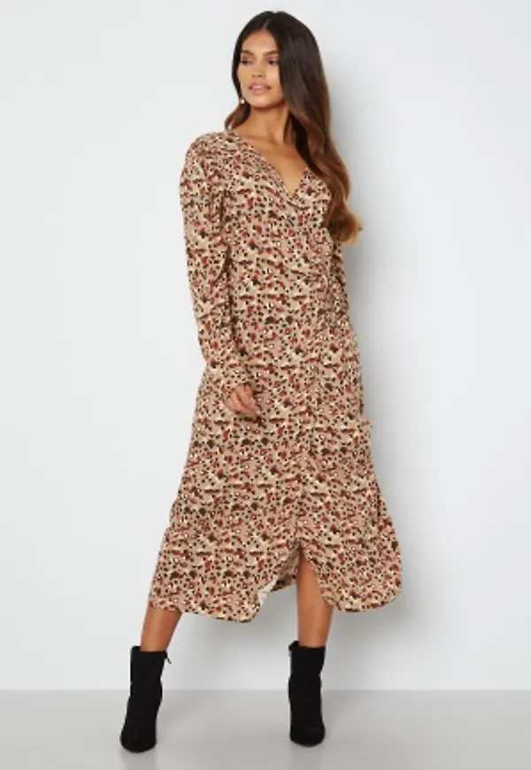 Pieces Carly LS Wrap Midi Dress Silver Mink AOP S