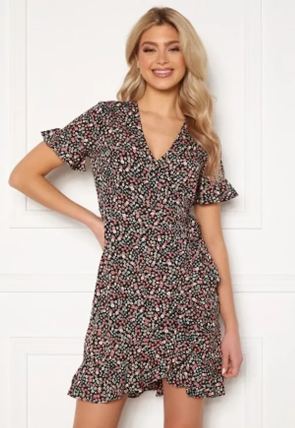 VERO MODA Henna 2/4 Wrap Frill Dress Black/ Multi Flower S